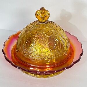 RARE Vintage Mosser Maple Leaf Domed Butter Dish Yellow‎ Marigold/Amberina